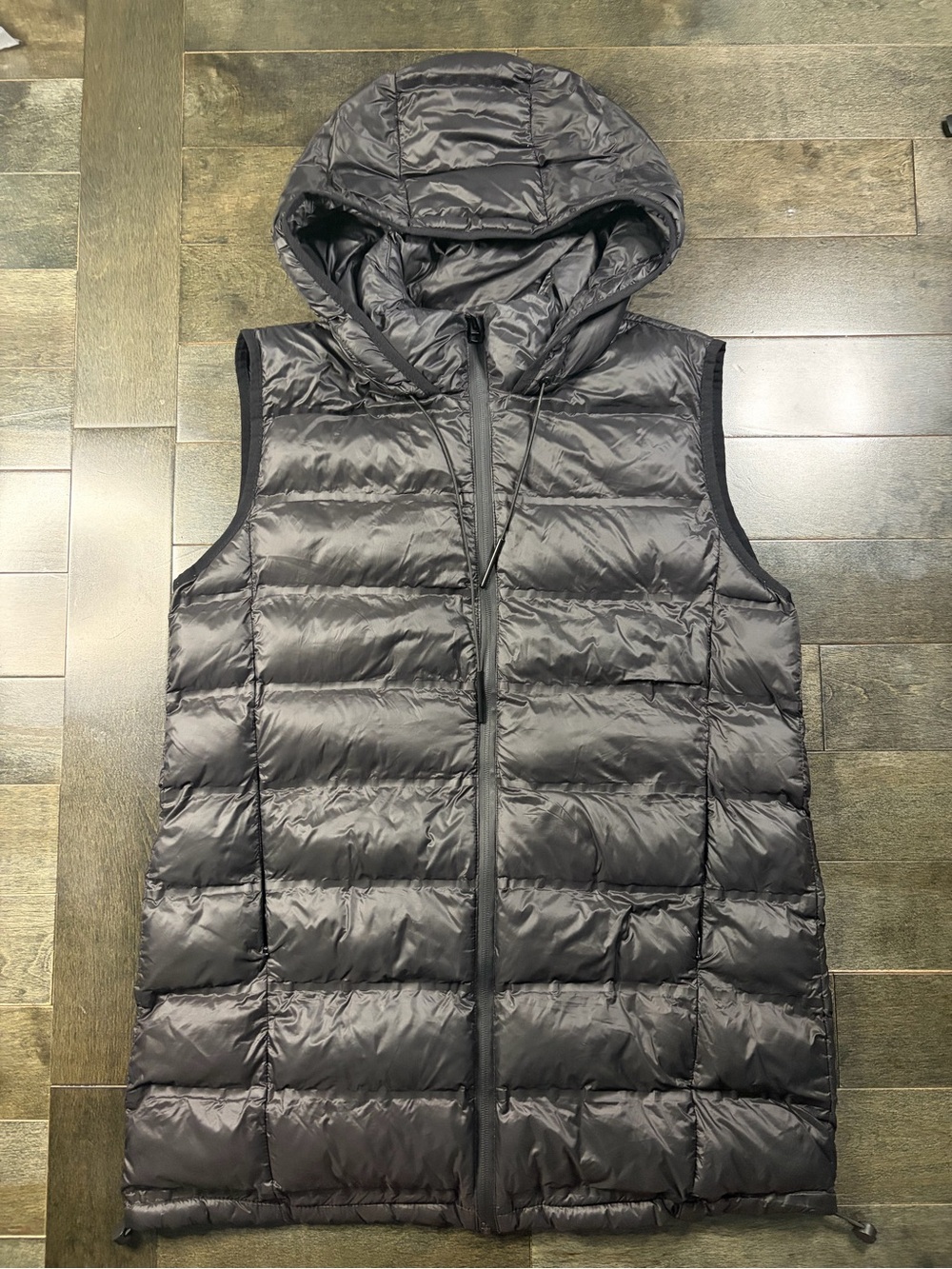 Zara Black Hooded Longline Puffer Vest Size Large Lightweight Quilted Gilet